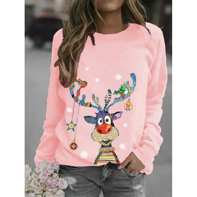 Christmas Pattern Printing Long Sleeve Crew Neck Sweater Pink - Shop at LoveMi