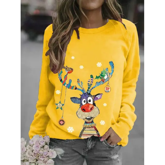 Christmas Pattern Printing Long Sleeve Crew Neck Sweater Yellow - Shop at LoveMi
