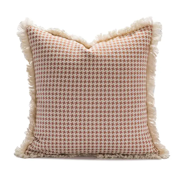 Tassel Lace Pillow Modern Wine Houndstooth Orange Cushion Cover Houndstooth Jacquard - Shop at LoveMi