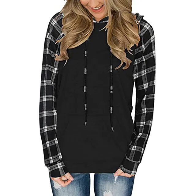 Women's Long sleeved Color Matching Casual Plaid Hooded T shirt White - Shop at LoveMi