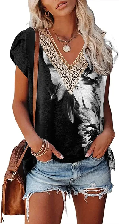 European And American Summer Women's V neck Lace T shirt Casual Top 22Style M - Shop at LoveMi