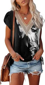 European And American Summer Women's V-neck Lace T-shirt Casual Top - 22Style-M