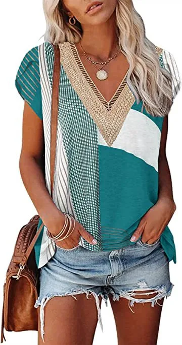 European And American Summer Women's V neck Lace T shirt Casual Top 23Style L - Shop at LoveMi