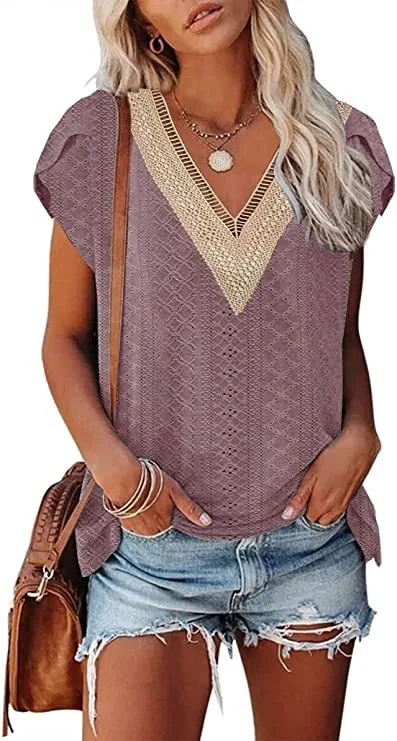 European And American Summer Women's V neck Lace T shirt Casual Top 25Style L - Shop at LoveMi