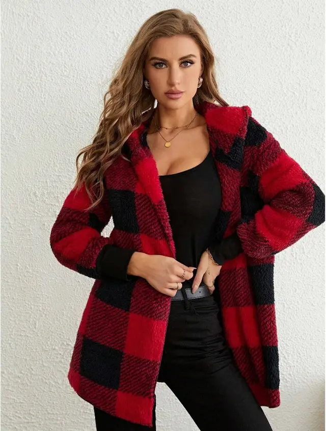 Women's Loose Plaid Color Stitching Knitted Cardigan Fashion Sweater Red - Shop at LoveMi