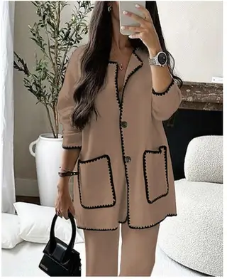 Women's Suit Fashion Casual Loose Solid Color Two-piece Set - Camel