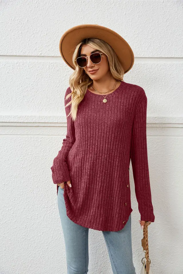 Autumn And Winter New Round Neck Long Sleeve Loose Button T shirt Top For Women Red - Shop at LoveMi