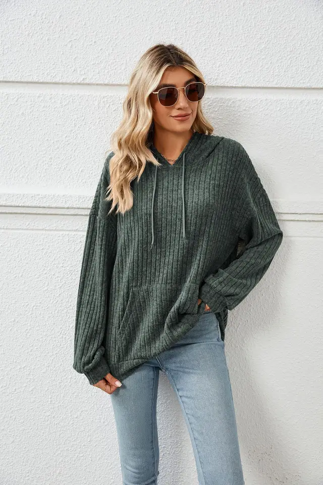 Knitted Sweater With Hooded Pit Stripe Kangaroo Pocket Sweater Dark Green - Shop at LoveMi