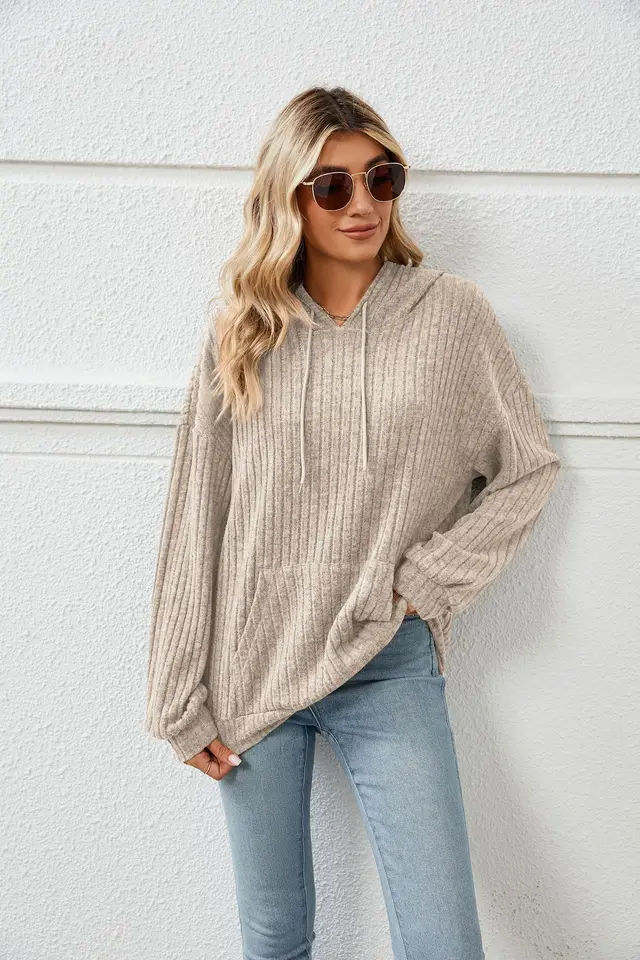 Knitted Sweater With Hooded Pit Stripe Kangaroo Pocket Sweater Light Gray - Shop at LoveMi
