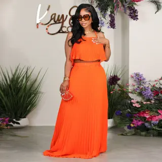 Solid Color Sling Pleated Casual Suit - Orange