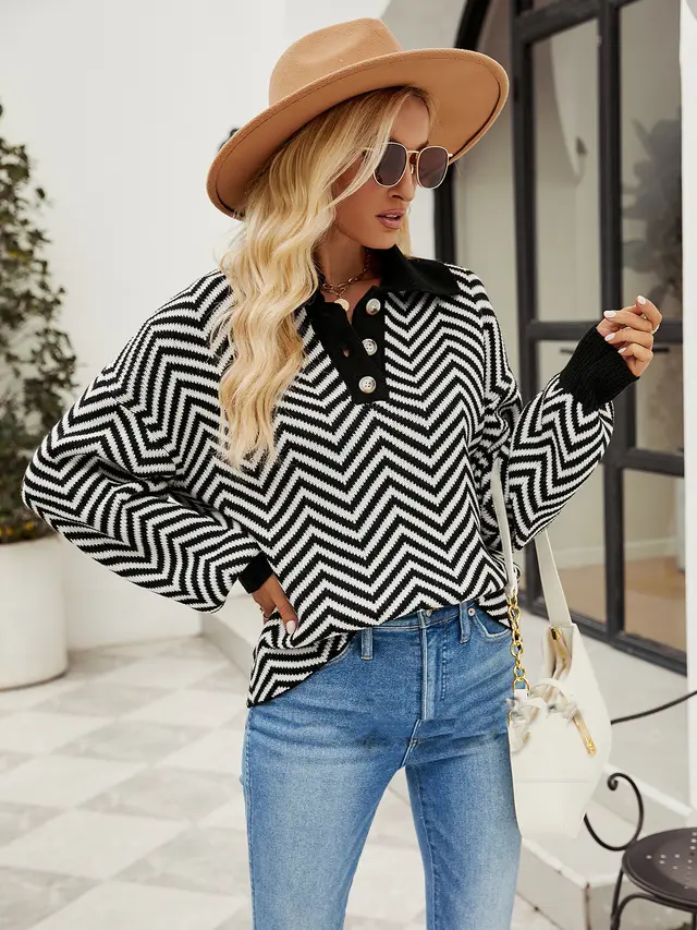 Fashionable Striped Knit Sweater For Women With Long Sleeved Color Matching Black - Shop at LoveMi