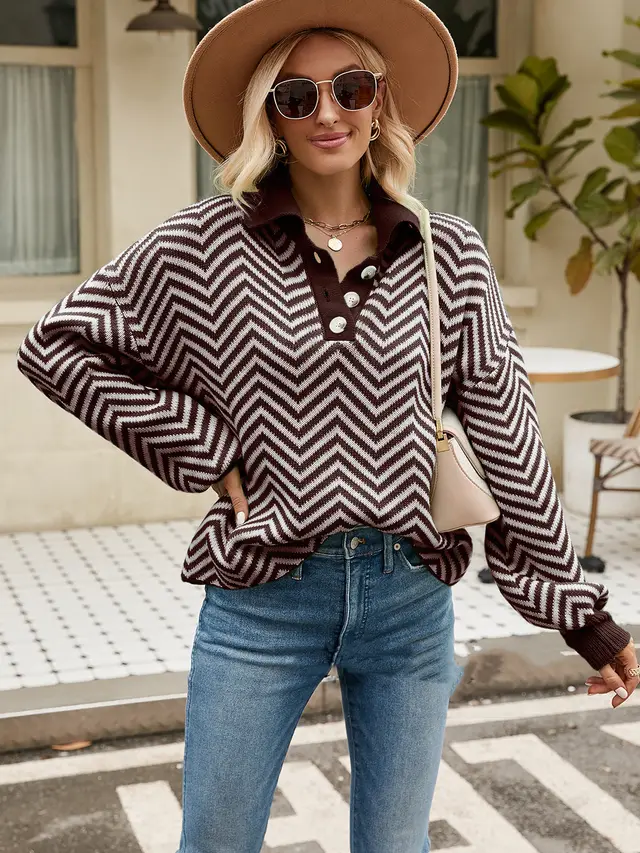 Fashionable Striped Knit Sweater For Women With Long Sleeved Color Matching Coffee - Shop at LoveMi