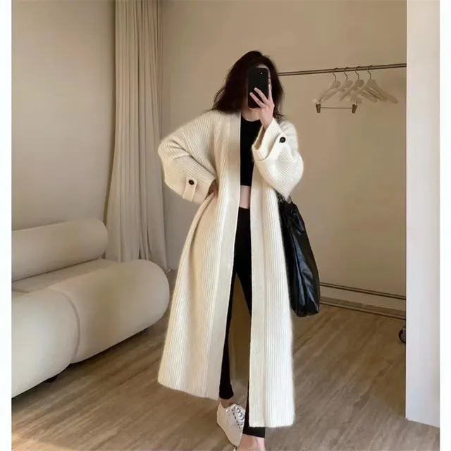 Mori Girl Korean Style Loose fitting Fashion Over the knee Knitted Cardigan Sweater Coat Beige - Shop at LoveMi
