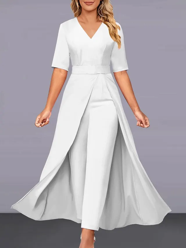 Women's Fashion V neck Short Sleeve Ankle tied Jumpsuit White - Shop at LoveMi