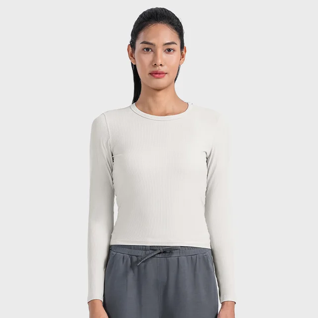 Sports Long Sleeve Vertical Bar Thread Round Neck Yoga Clothes Pearlescent White - Shop at LoveMi