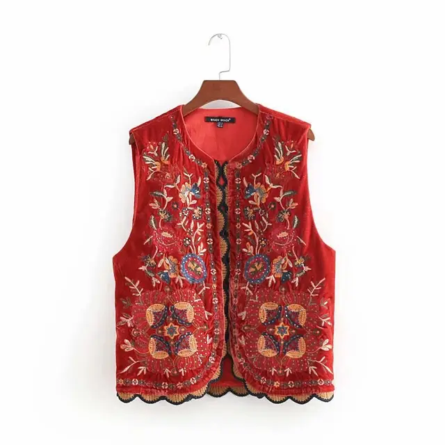 Cross border Fashion Women's Wear Spring Ethnic Style Sequined Embroidery Vest Jacket Red - Shop at LoveMi