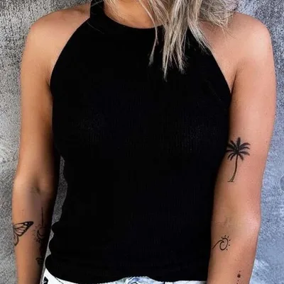 Slim Fit Bottoming Round Neck Pure Color Halter Sleeveless Women's Top Black - Shop at LoveMi