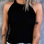 Slim Fit Bottoming Round Neck Pure Color Halter Sleeveless Women's Top - Black