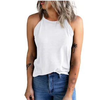 Slim Fit Bottoming Round Neck Pure Color Halter Sleeveless Women's Top - White