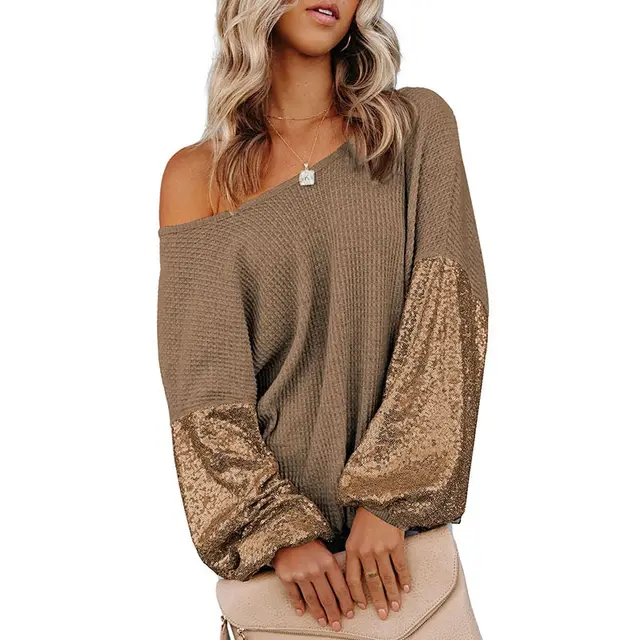 Autumn Pullover Women's Sequined Backless Knitted Long Sleeve Sweater Brown - Shop at LoveMi