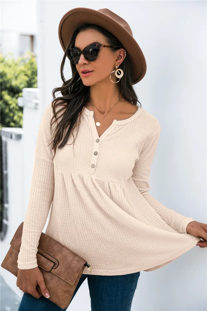 Women's Button Waffle Loose Long Sleeve Top - Apricot