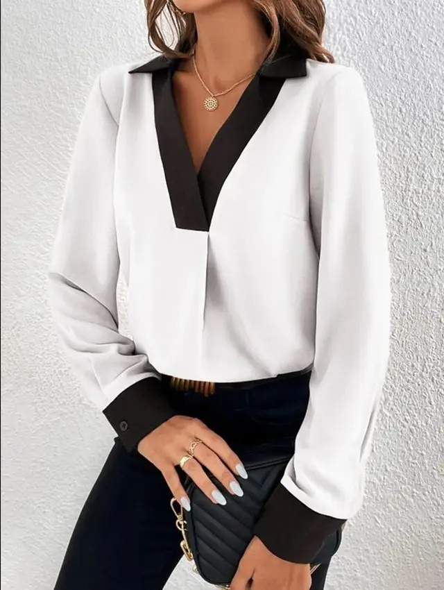 Women's V collar Contrast Color Casual Shirt White - Shop at LoveMi