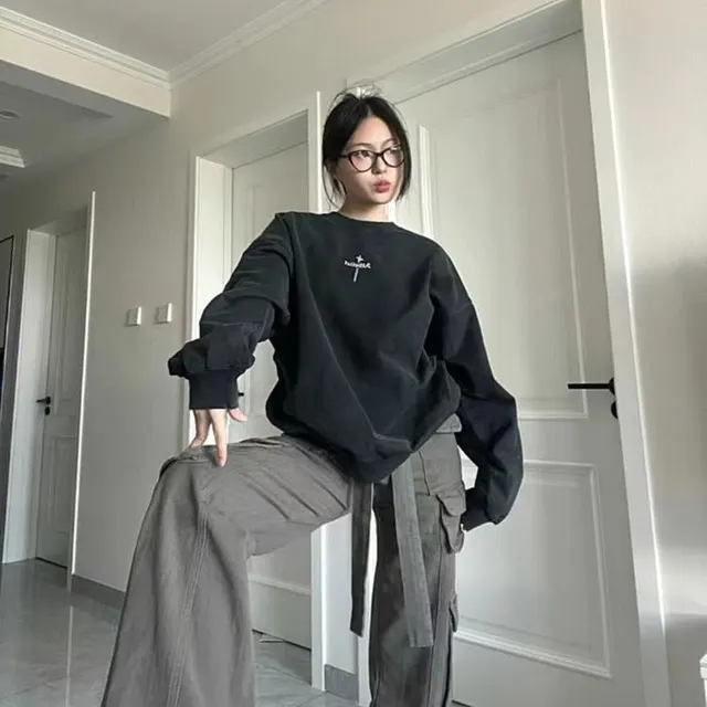 Pure Cotton Round Neck Sweater With Plush And Thickened Fabric Black Spring And Autumn Style - Shop at LoveMi
