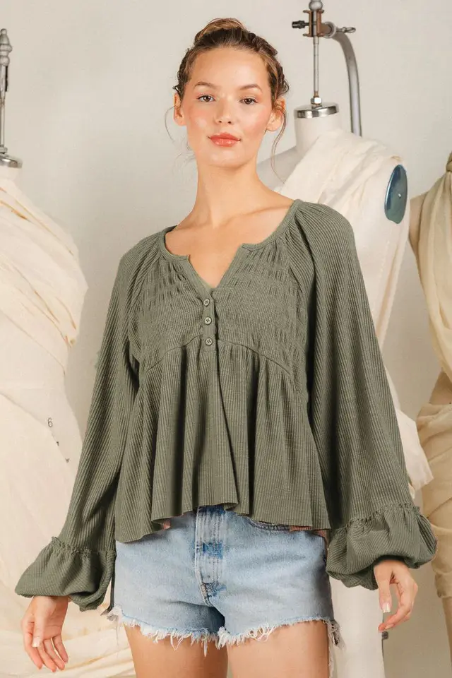 Women's Fashionable Pleated Sunken Stripe Knitted Bottoming Shirt Top Army Green - Shop at LoveMi