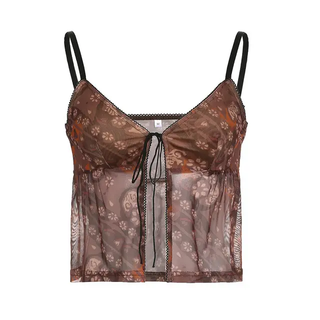 Women's Summer Lace up Niche Retro Printed V neck Cardigan Vest Brown - Shop at LoveMi