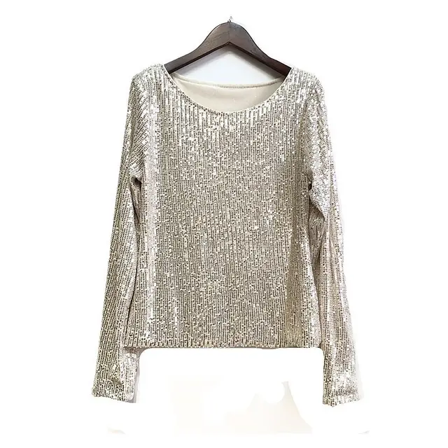 Retro Slimming Slim Fit Inner Wear Long Sleeve Sequined Bottoming Shirt Champagne Apricot - Shop at LoveMi