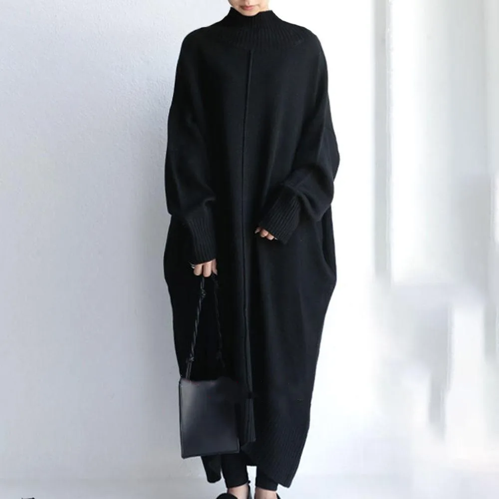 Loose Large Size Mid length Turtleneck Dress Sweater Black - Shop at LoveMi