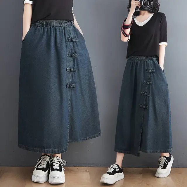 Artistic Retro Buckle Denim Skirt Navy Blue - Shop at LoveMi