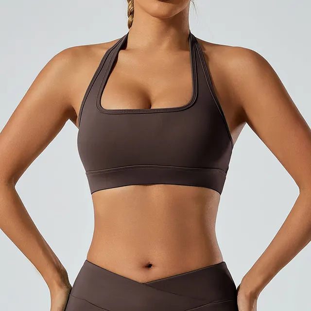 Sports Running Fitness Yoga Wear Suit Dark Coffee Color Halter Bra - Shop at LoveMi