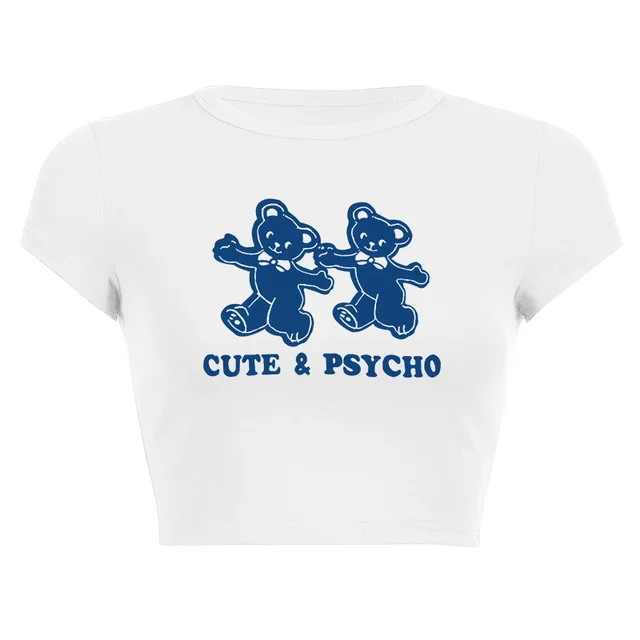 Women's Graceful And Fashionable Cute Bear Printed Short sleeved Top White Printed Blue Bear - Shop at LoveMi