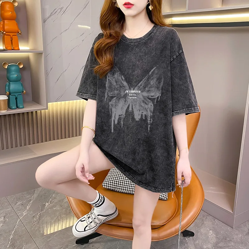 Pure Cotton Heel Wrapped Collar Washed Distressed Short sleeved Top Black - Shop at LoveMi