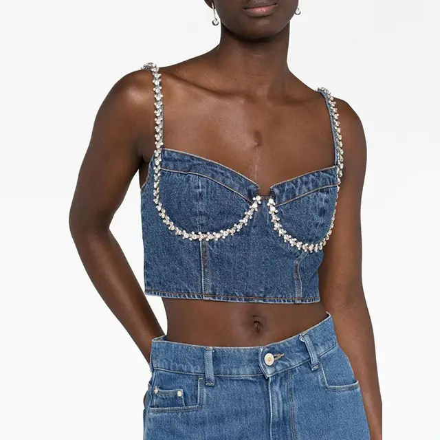 Back Zipper Fly Denim Crystal Stitching Vest Blue - Shop at LoveMi