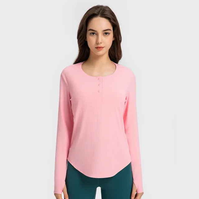 New Vertical Bar Thread 20 Loose Sports Long Sleeve Women's Fashion Casual Fitness Yoga Wear Dew Pink - Shop at LoveMi