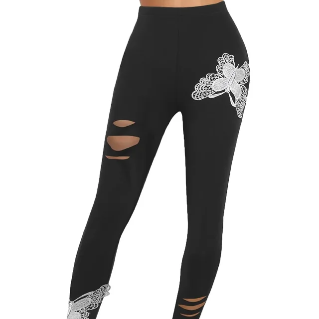 Women's Ripped Butterfly Print Imitation Denim Leggings Black - Shop at LoveMi