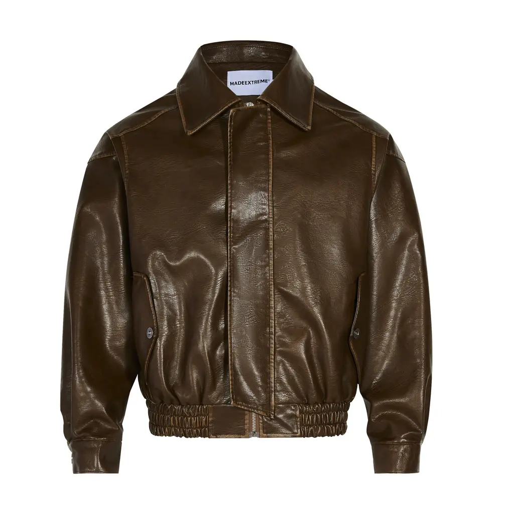 American Retro Maillard Distressed Leather Coat - Brown