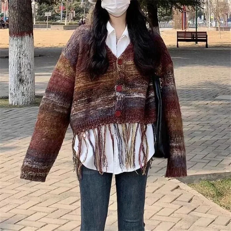 French Gradient Tassel V neck Sweater Coat Dark Red - Shop at LoveMi