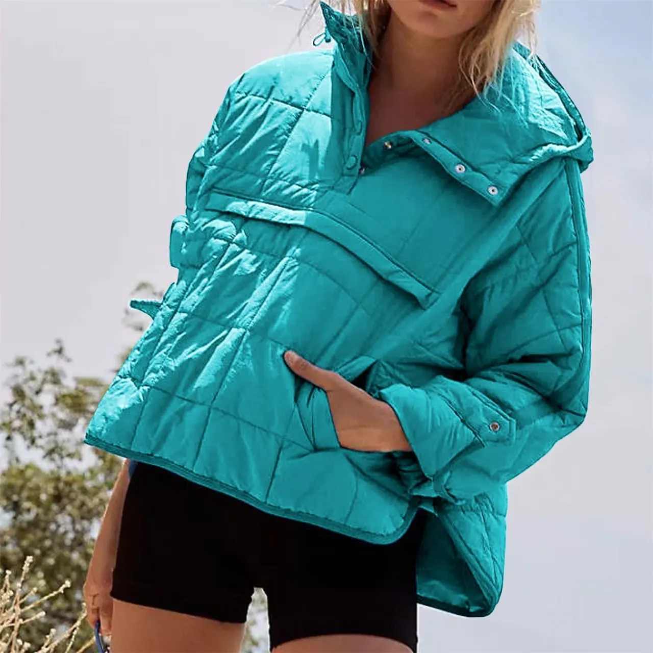 Warm Hoodie Down Jacket Women - Lake Blue