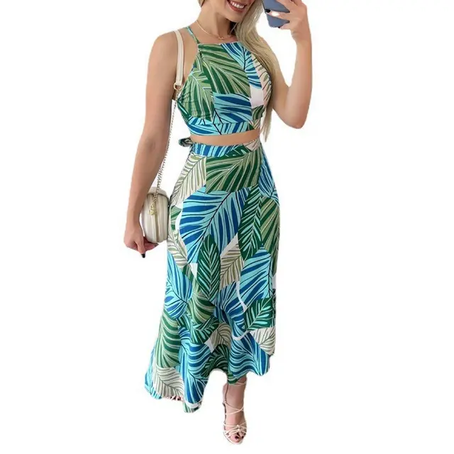 Casual Printed Short Lace Vest High Waist Dress Green C - Shop at LoveMi