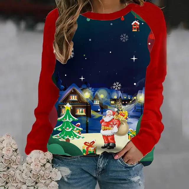 Women's Red Contrast Color Old Printed Long sleeved T shirt Dark Blue - Shop at LoveMi