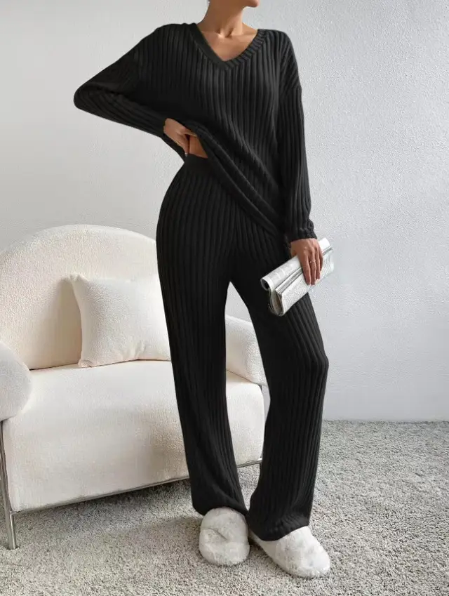 Fashion Straight Loose Temperament V neck Sunken Stripe Knitting Suit Black - Shop at LoveMi