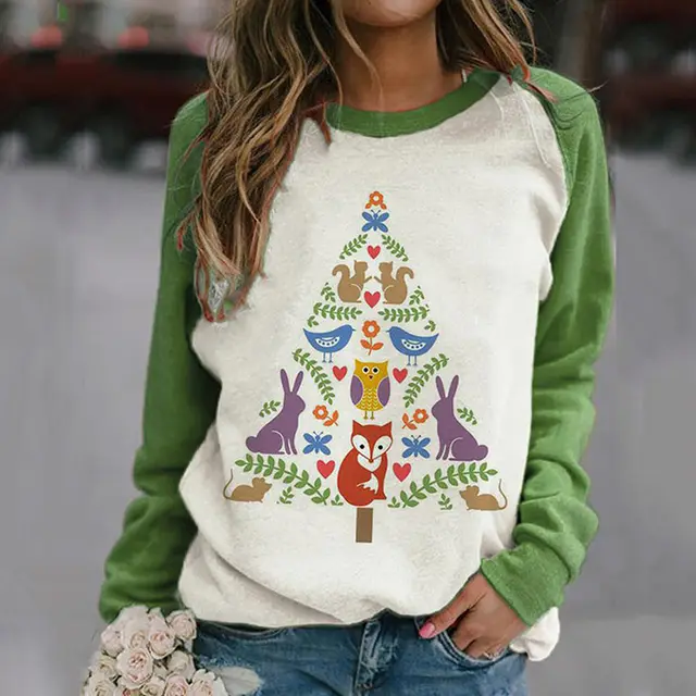 Christmas Round Neck Long Sleeve Printed Sweater Green - Shop at LoveMi