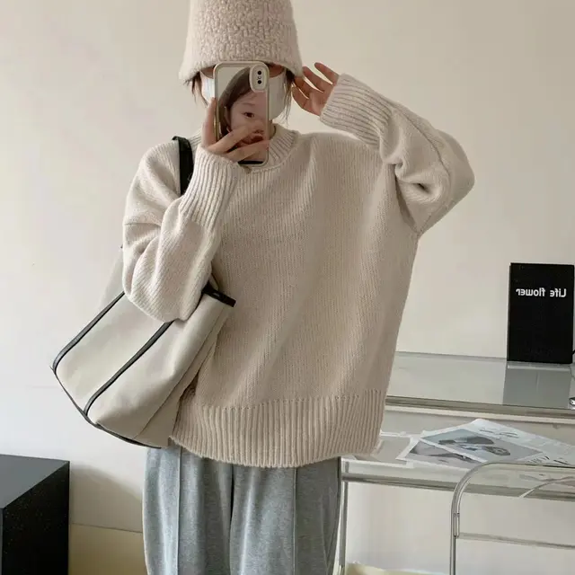 Round Neck Pullover Loose And Lazy Style Thickened Sweater Beige - Shop at LoveMi