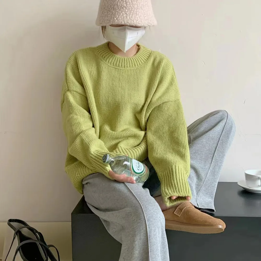 Round Neck Pullover Loose And Lazy Style Thickened Sweater Matcha - Shop at LoveMi