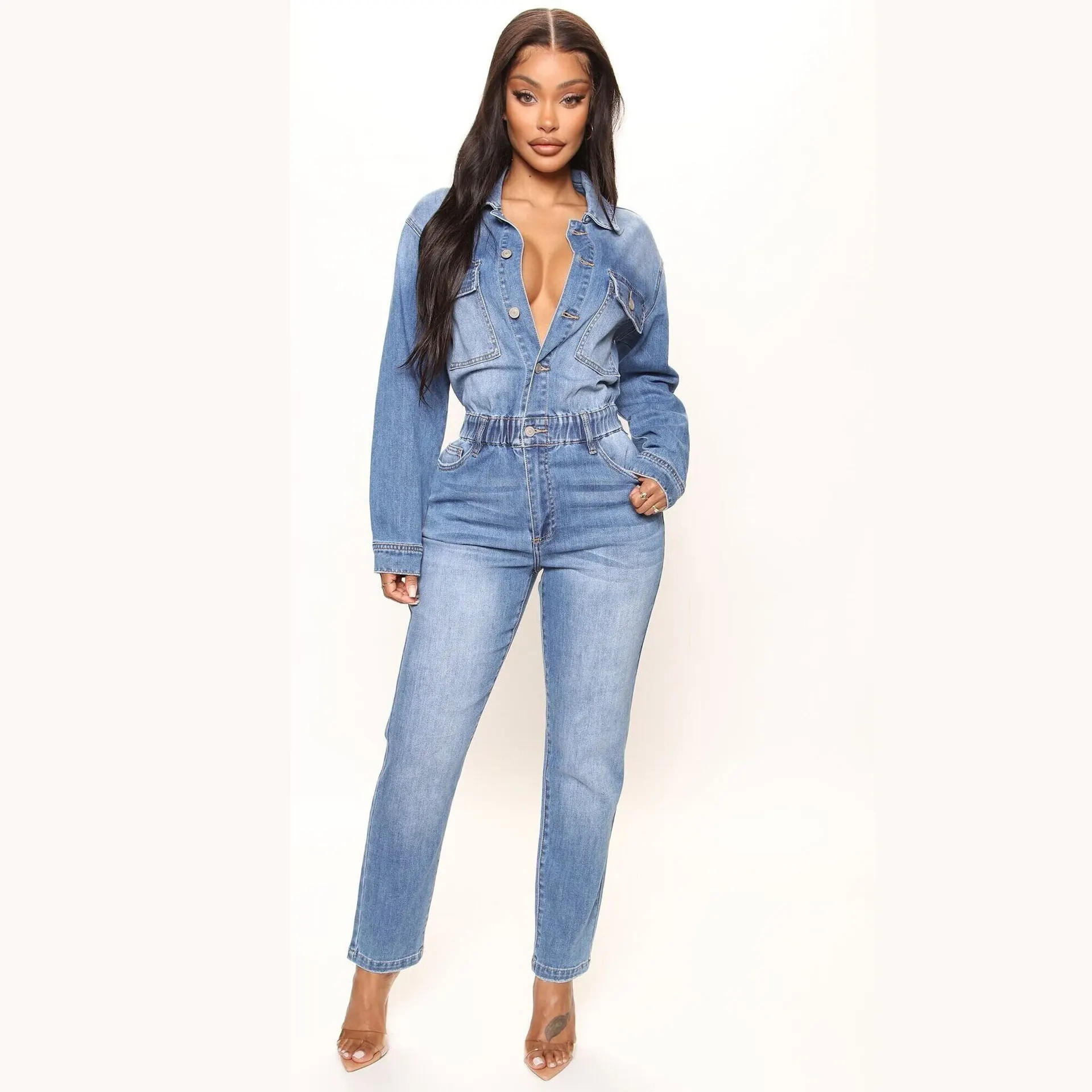 Slim-fit Stretch Foot Wash Denim Jumpsuit - Royal Blue