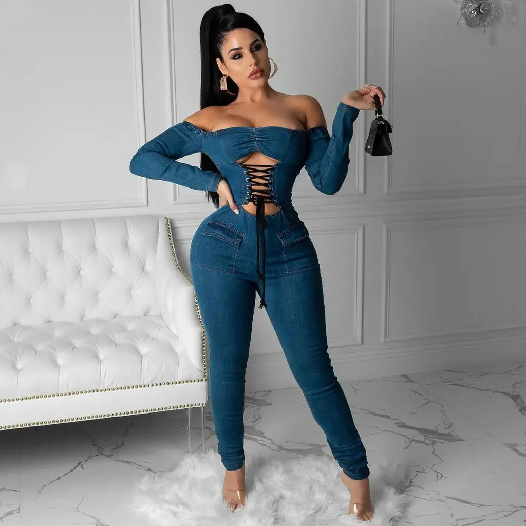Women's One-piece Shoulder Strap Denim Jumpsuit - Dark Blue