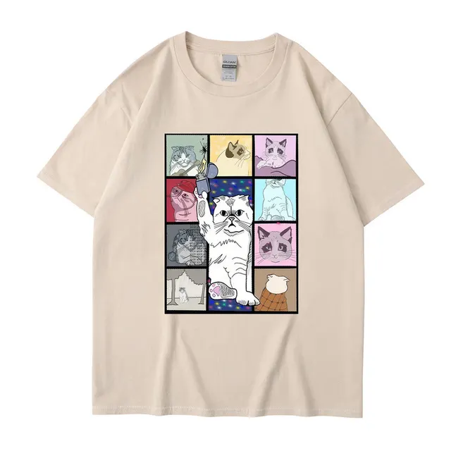 Animal Dog Cat Printed T shirt Loose Hip Hop Street Khaki - Shop at LoveMi